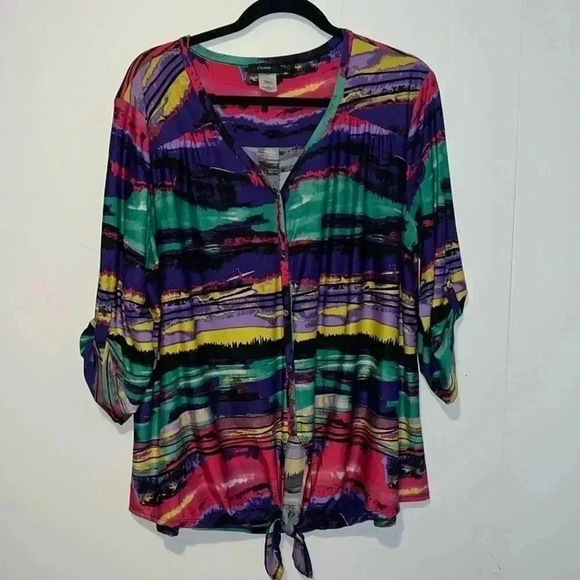 Cocomo Women’s Top Green Striped Stretch Colorful Y2K Tie Front - Picture 1 of 6